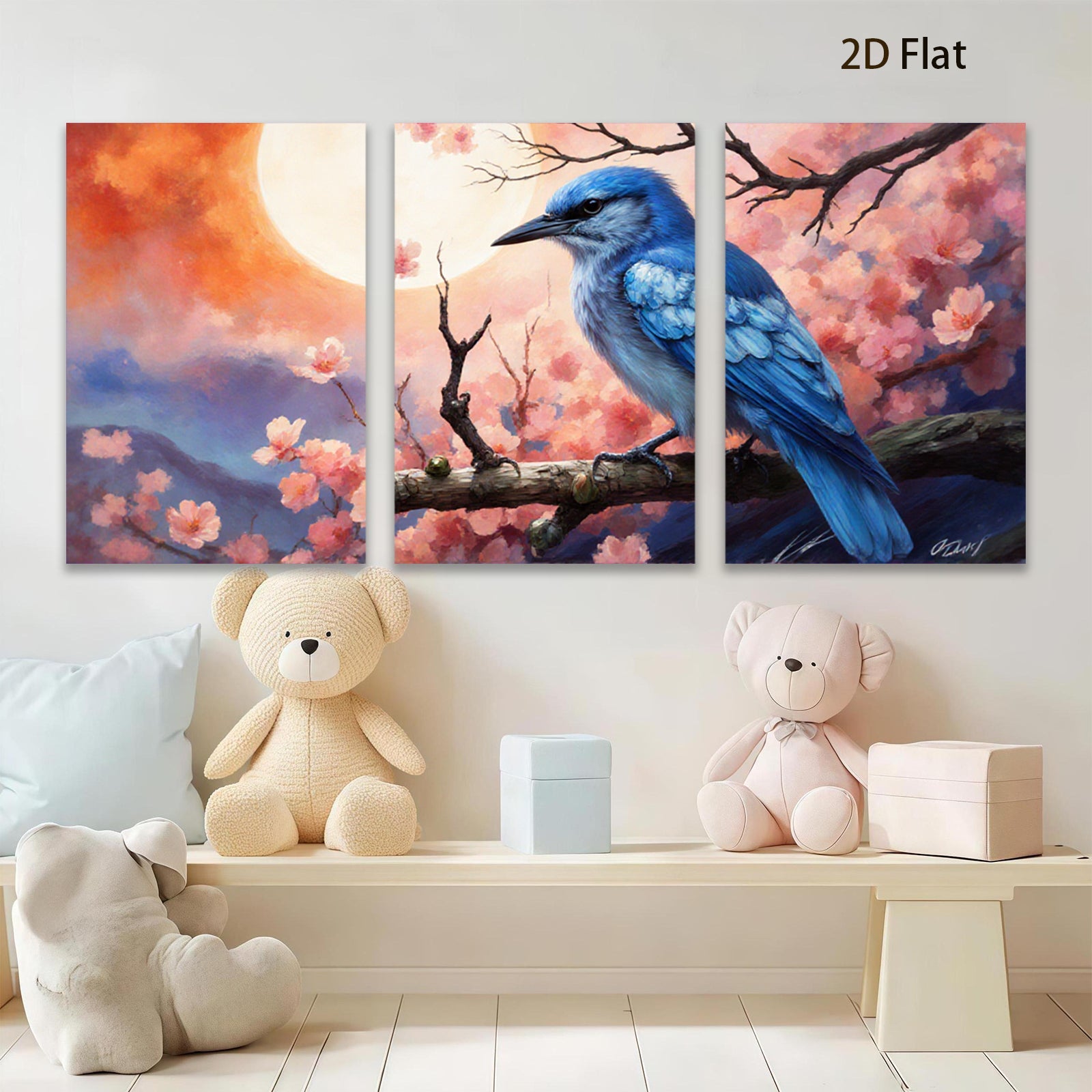 2D flat 1pc Bluebird Among Cherry Blossoms Wall Art Home Decor Living Room Bedroom Canvas Prints Modern Farmhouse Style Gallery Wrapped Ready to Hang