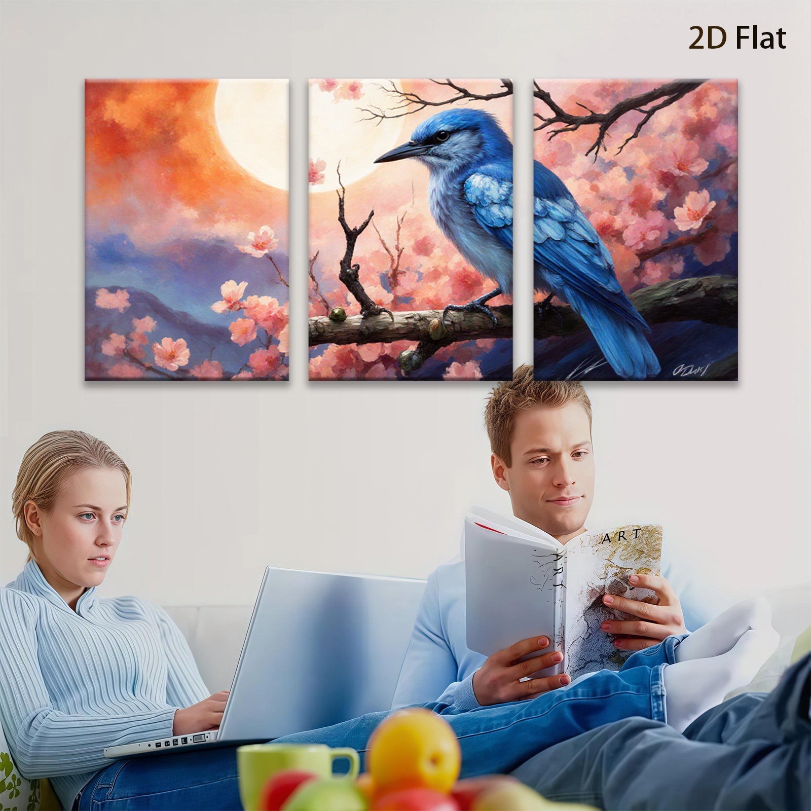 2D flat 1pc Bluebird Among Cherry Blossoms Wall Art Home Decor Living Room Bedroom Canvas Prints Modern Farmhouse Style Gallery Wrapped Ready to Hang