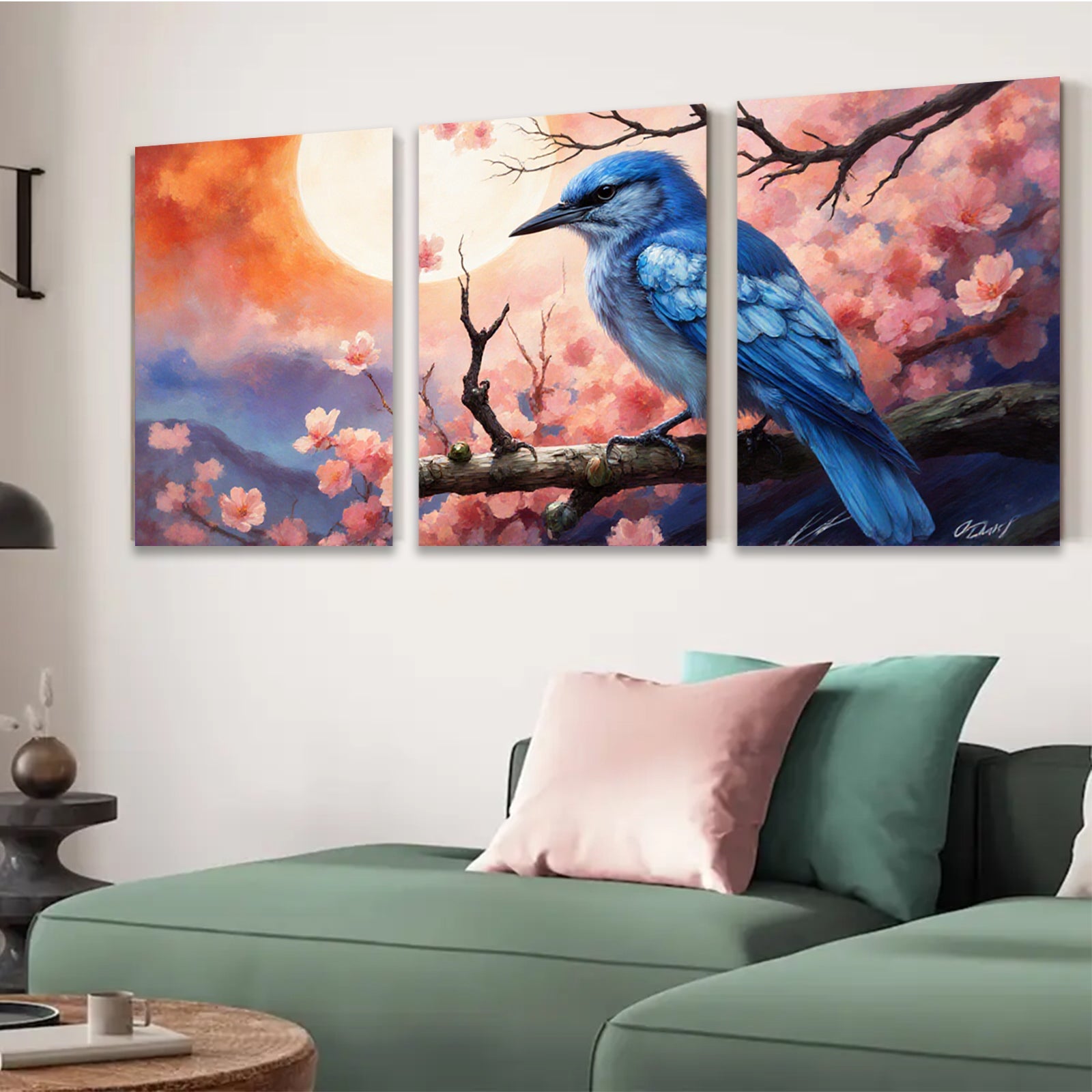 2D flat 1pc Bluebird Among Cherry Blossoms Wall Art Home Decor Living Room Bedroom Canvas Prints Modern Farmhouse Style Gallery Wrapped Ready to Hang