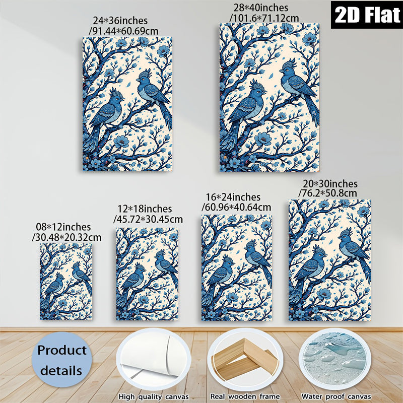 2D flat 1pc Bluebird Pair Floral Branch Wall Art Decor Living Room Bedroom Gallery Wrapped Canvas Prints Modern Farmhouse Aesthetic Cozy Home Decor
