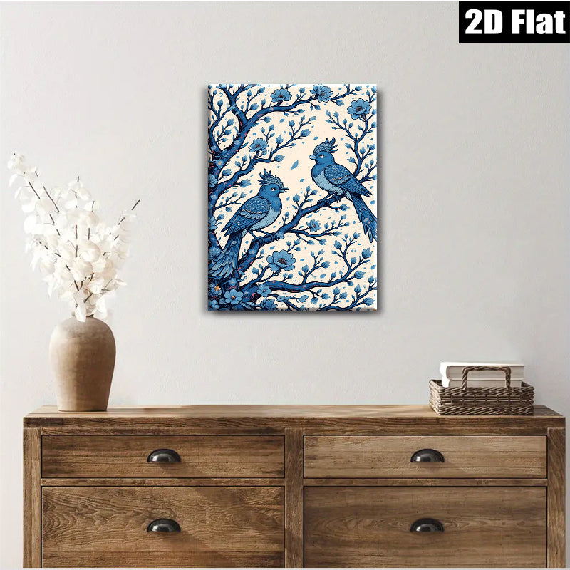 2D flat 1pc Bluebird Pair Floral Branch Wall Art Decor Living Room Bedroom Gallery Wrapped Canvas Prints Modern Farmhouse Aesthetic Cozy Home Decor
