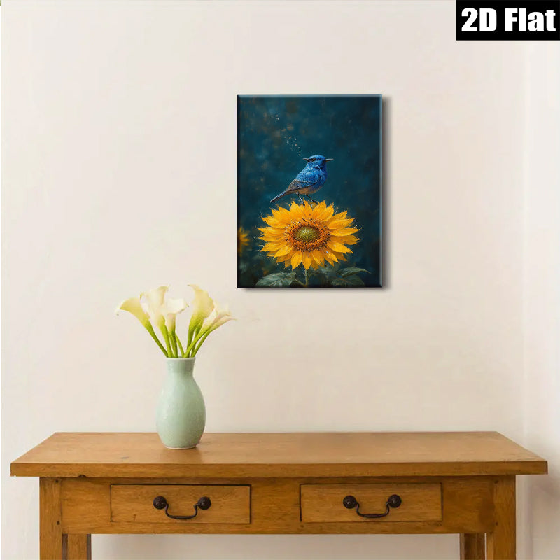 2D flat 1pc Bluebird Perched Upon Vibrant Sunflower Farmhouse Wall Decor Living Room Bedroom Art Prints Canvas Pictures Rustic Style Home Decorations Modern Gallery Wrapped Teal Accents