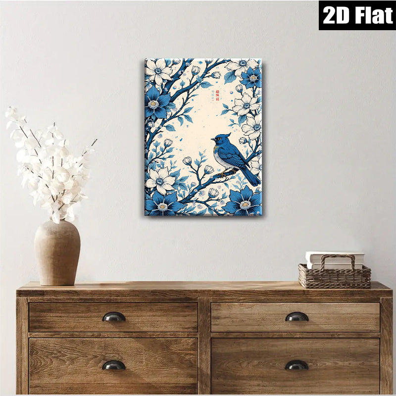 2D flat 1pc Bluebird among blossoming anemones wall art for living room bedroom farmhouse gallery wrapped canvas prints modern botanical decor cozy home accents