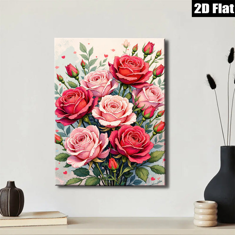 2D flat 1pc Blush Pink Red Roses Floral Bouquet Wall Art Living Room Bedroom Decor Farmhouse Style Gallery Wrapped Canvas Prints Ready to Hang Modern Botanical Artwork