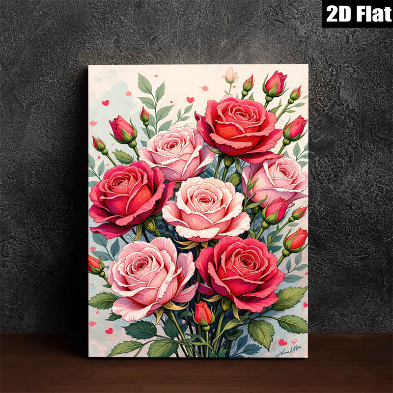2D flat 1pc Blush Pink Red Roses Floral Bouquet Wall Art Living Room Bedroom Decor Farmhouse Style Gallery Wrapped Canvas Prints Ready to Hang Modern Botanical Artwork