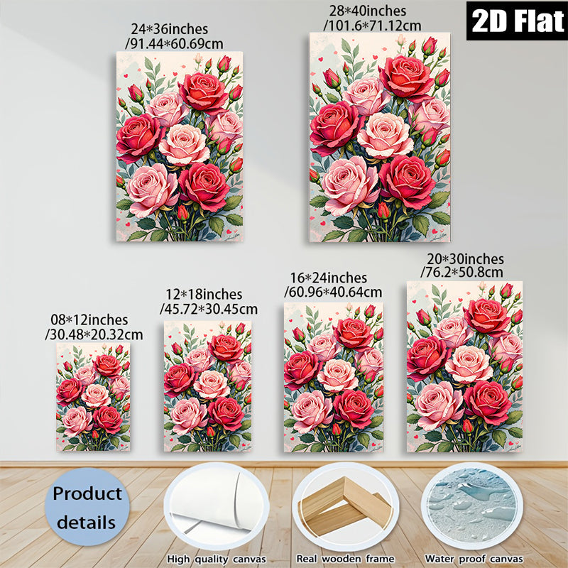 2D flat 1pc Blush Pink Red Roses Floral Bouquet Wall Art Living Room Bedroom Decor Farmhouse Style Gallery Wrapped Canvas Prints Ready to Hang Modern Botanical Artwork