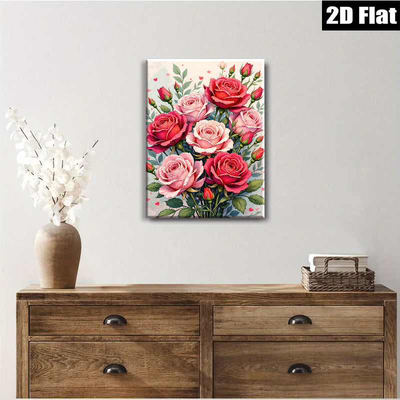 2D flat 1pc Blush Pink Red Roses Floral Bouquet Wall Art Living Room Bedroom Decor Farmhouse Style Gallery Wrapped Canvas Prints Ready to Hang Modern Botanical Artwork