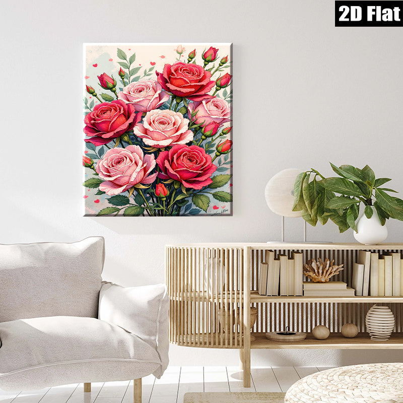 2D flat 1pc Blush Pink Red Roses Floral Bouquet Wall Art Living Room Bedroom Decor Farmhouse Style Gallery Wrapped Canvas Prints Ready to Hang Modern Botanical Artwork