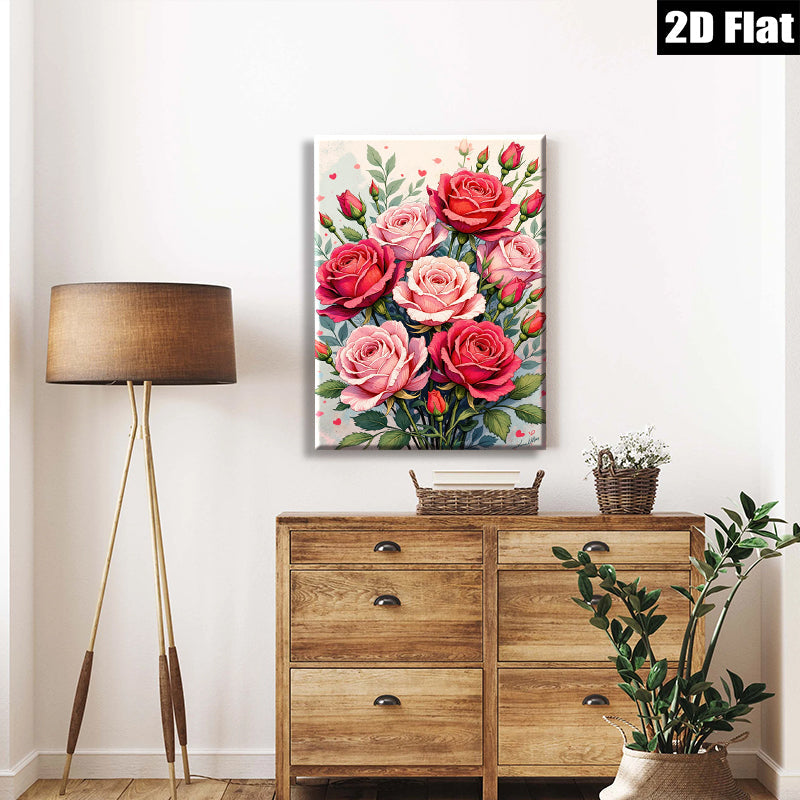 2D flat 1pc Blush Pink Red Roses Floral Bouquet Wall Art Living Room Bedroom Decor Farmhouse Style Gallery Wrapped Canvas Prints Ready to Hang Modern Botanical Artwork