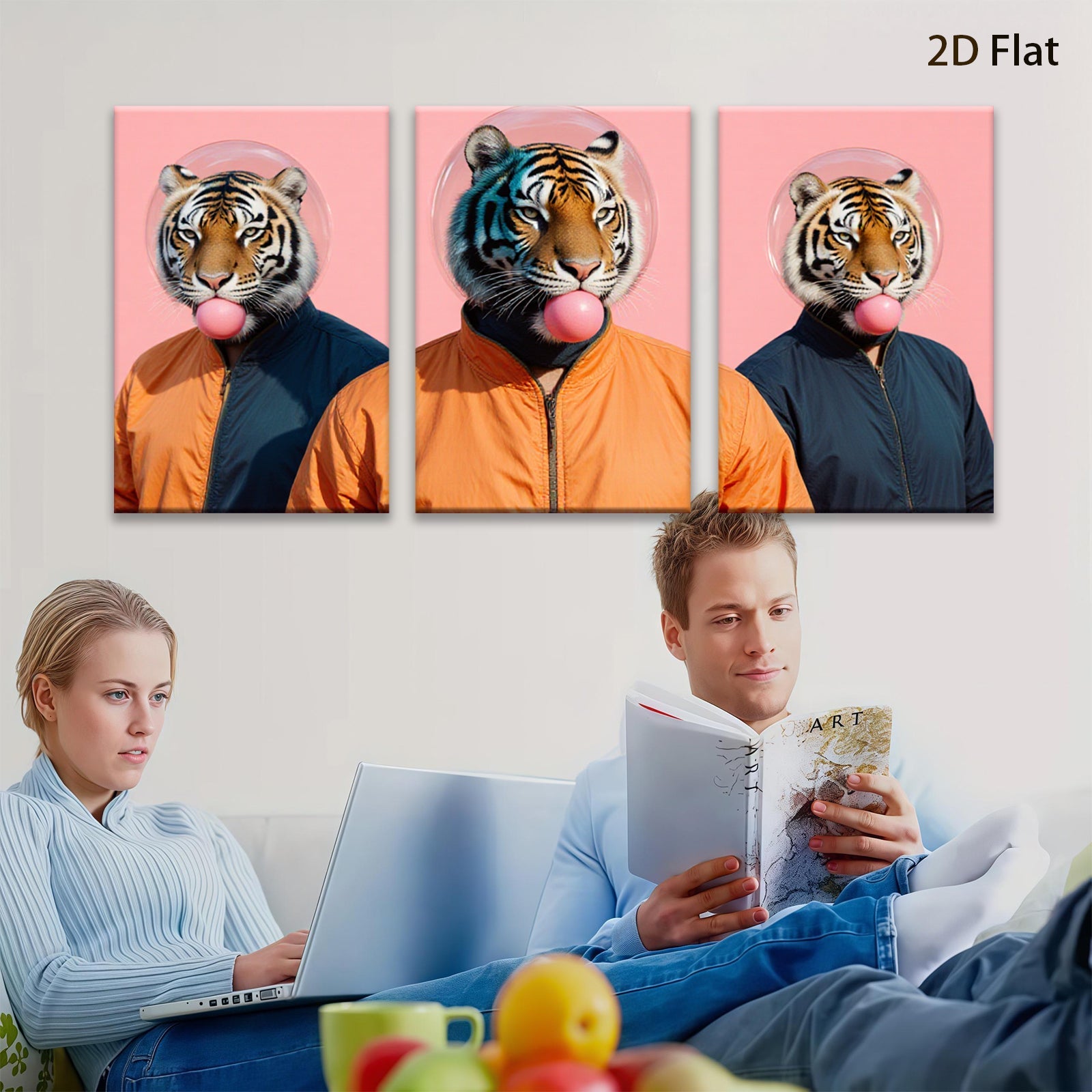 2D flat 1pc Bold Tiger Portrait Quirky Wall Art Modern Living Room Decor Gallery Wrapped Canvas Prints Farmhouse Style Bedroom Art Trending Now
