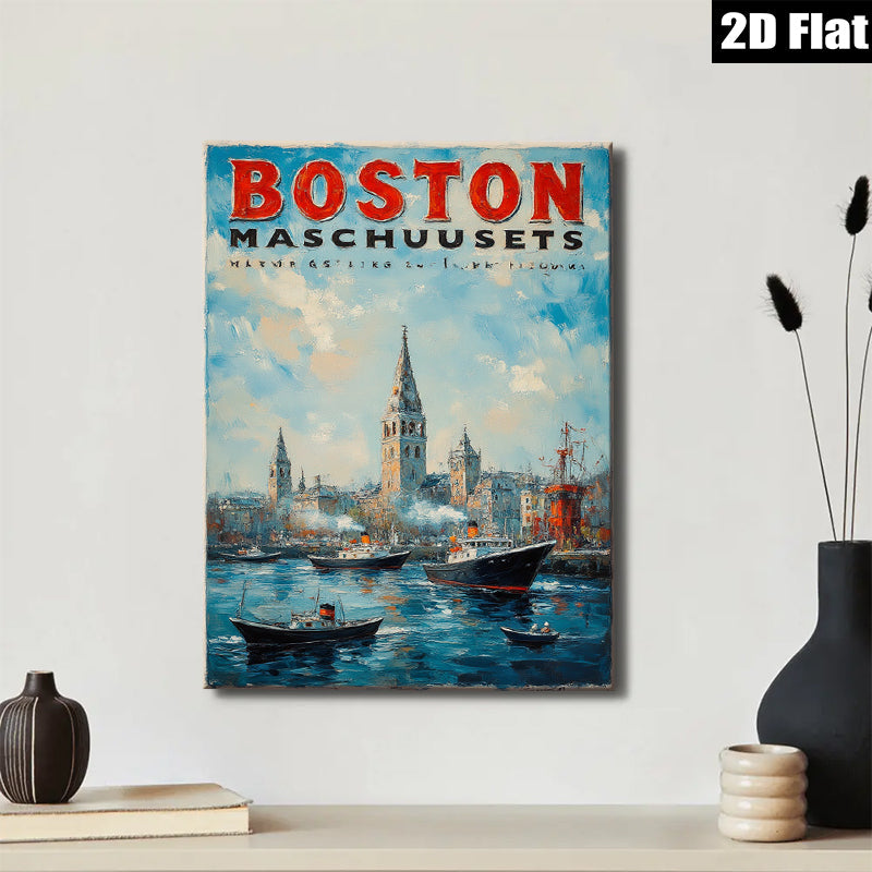 2D flat 1pc Boston Massachusetts harbor scene painting coastal artwork for living room bedroom office wall decor farmhouse style modern gallery wrapped canvas print