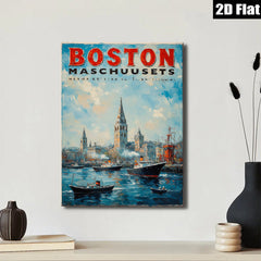2D flat 1pc Boston Massachusetts harbor scene painting coastal artwork for living room bedroom office wall decor farmhouse style modern gallery wrapped canvas print