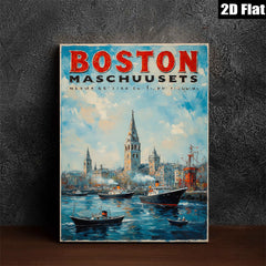 2D flat 1pc Boston Massachusetts harbor scene painting coastal artwork for living room bedroom office wall decor farmhouse style modern gallery wrapped canvas print