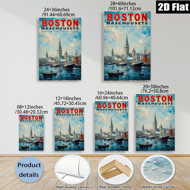 2D flat 1pc Boston Massachusetts harbor scene painting coastal artwork for living room bedroom office wall decor farmhouse style modern gallery wrapped canvas print