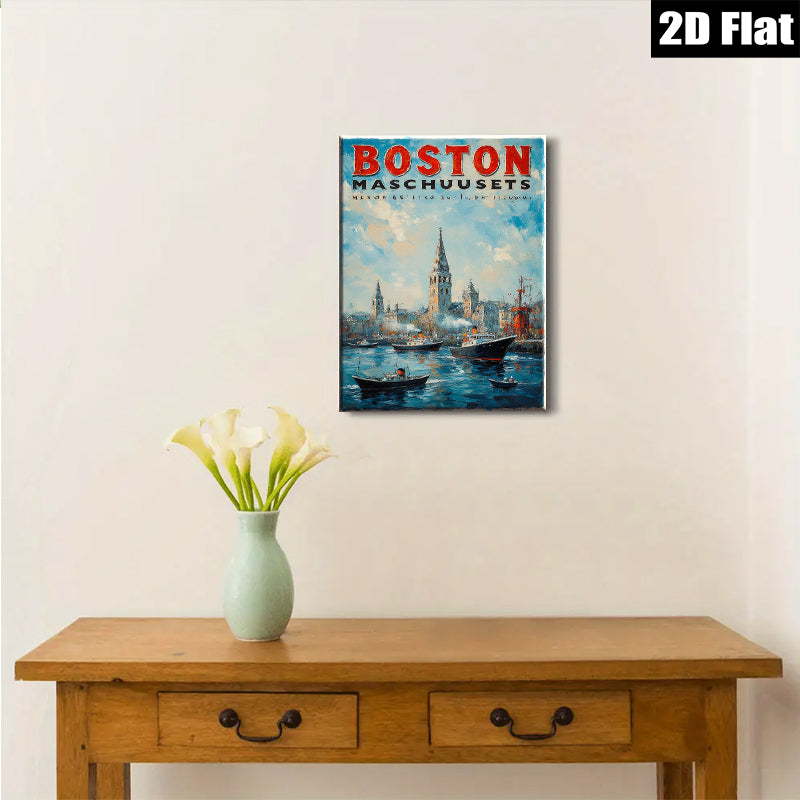 2D flat 1pc Boston Massachusetts harbor scene painting coastal artwork for living room bedroom office wall decor farmhouse style modern gallery wrapped canvas print