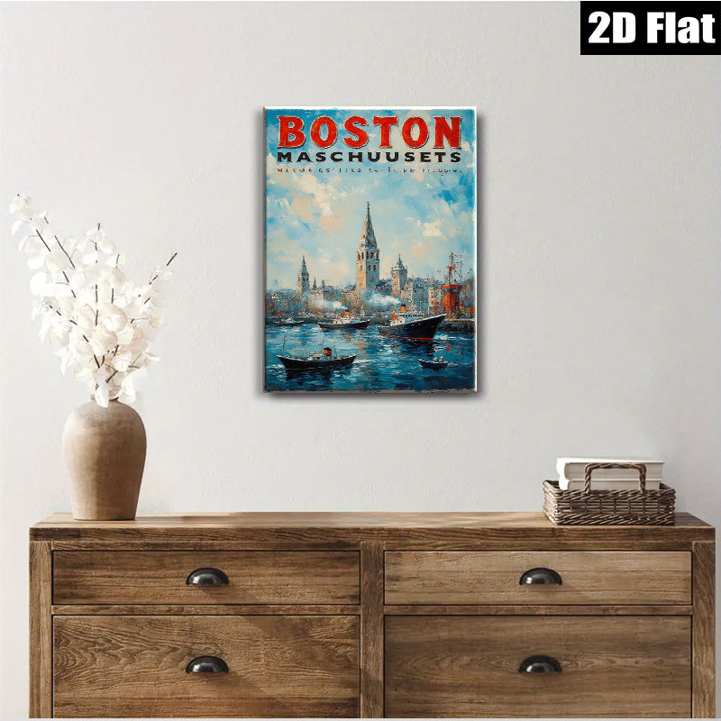 2D flat 1pc Boston Massachusetts harbor scene painting coastal artwork for living room bedroom office wall decor farmhouse style modern gallery wrapped canvas print
