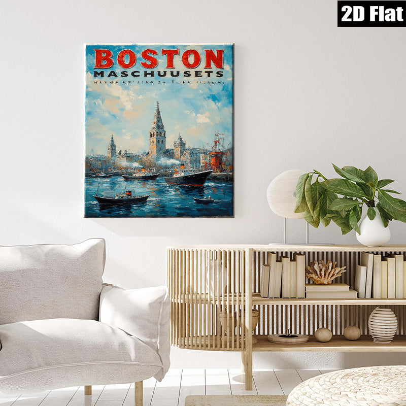 2D flat 1pc Boston Massachusetts harbor scene painting coastal artwork for living room bedroom office wall decor farmhouse style modern gallery wrapped canvas print