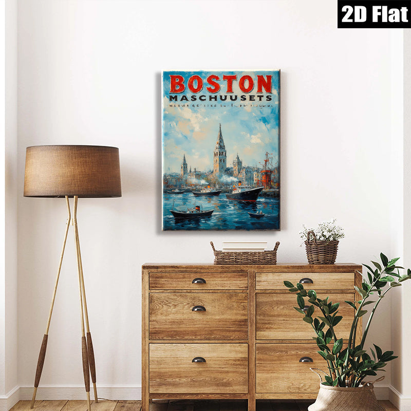 2D flat 1pc Boston Massachusetts harbor scene painting coastal artwork for living room bedroom office wall decor farmhouse style modern gallery wrapped canvas print
