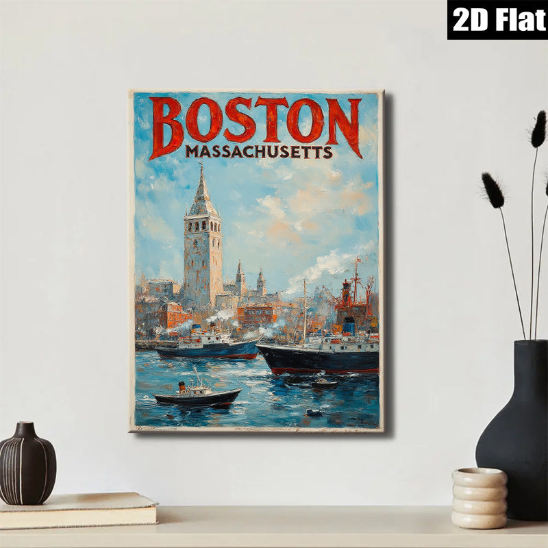 2D flat 1pc Boston Massachusetts harbor scene vibrant coastal cityscape wall art home decor living room bedroom office gallery wrapped