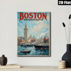 2D flat 1pc Boston Massachusetts harbor scene vibrant coastal cityscape wall art home decor living room bedroom office gallery wrapped