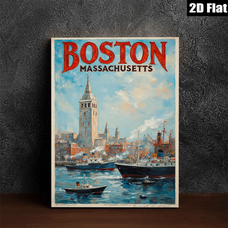 2D flat 1pc Boston Massachusetts harbor scene vibrant coastal cityscape wall art home decor living room bedroom office gallery wrapped