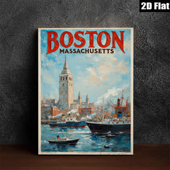 2D flat 1pc Boston Massachusetts harbor scene vibrant coastal cityscape wall art home decor living room bedroom office gallery wrapped