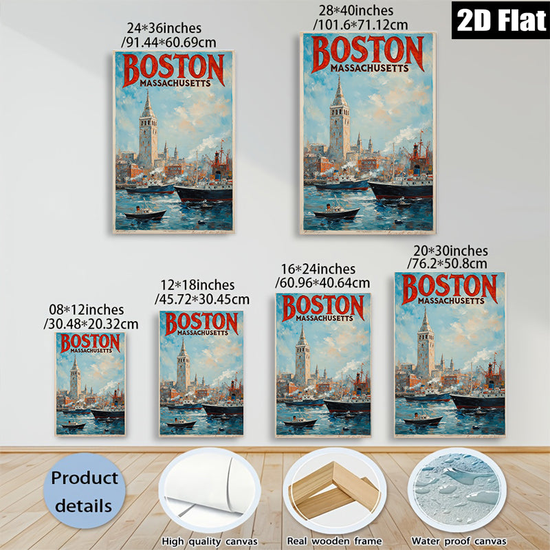 2D flat 1pc Boston Massachusetts harbor scene vibrant coastal cityscape wall art home decor living room bedroom office gallery wrapped