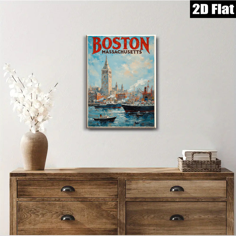 2D flat 1pc Boston Massachusetts harbor scene vibrant coastal cityscape wall art home decor living room bedroom office gallery wrapped