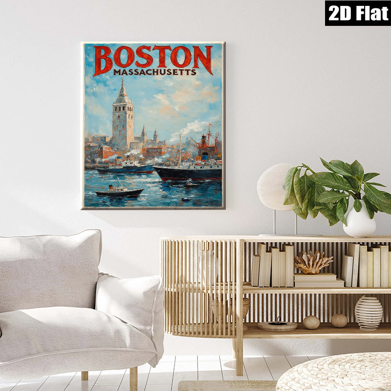 2D flat 1pc Boston Massachusetts harbor scene vibrant coastal cityscape wall art home decor living room bedroom office gallery wrapped