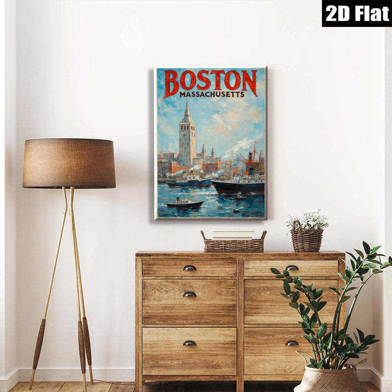 2D flat 1pc Boston Massachusetts harbor scene vibrant coastal cityscape wall art home decor living room bedroom office gallery wrapped