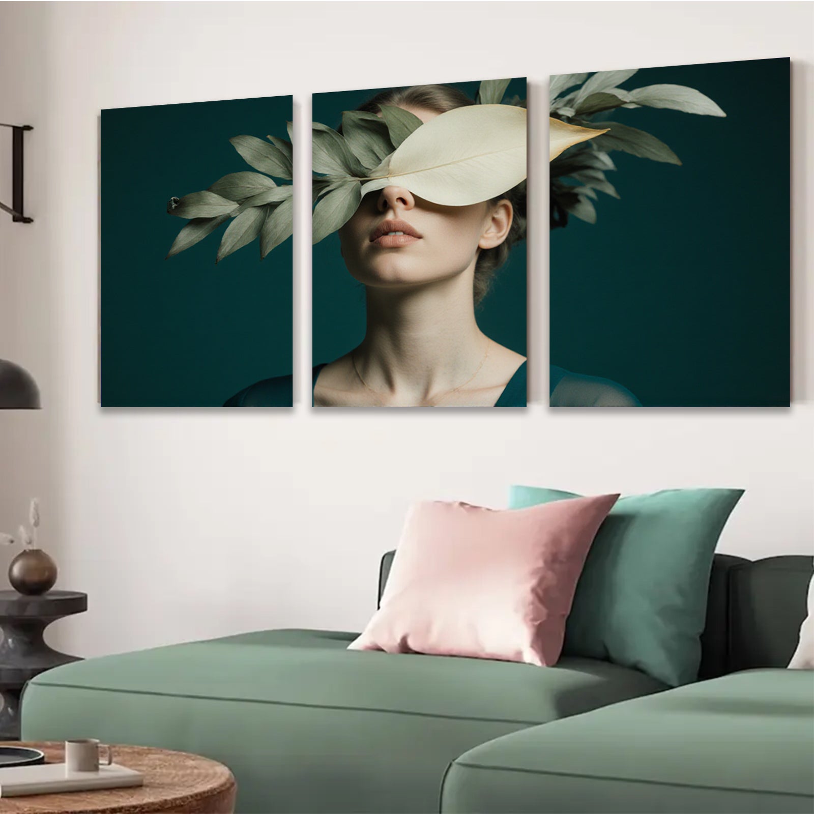 2D flat 1pc Botanical Beauty Woman Portrait Nature Floral Wall Art Living Room Bedroom Decor Gallery Wrapped Canvas Prints Modern Farmhouse Style Teal Accents