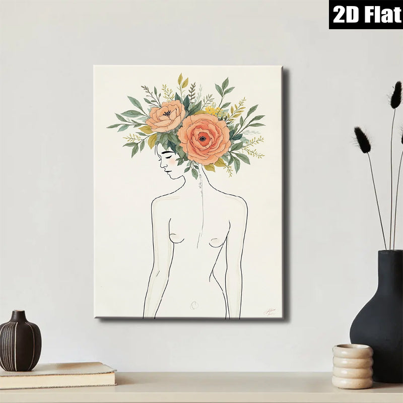2D flat 1pc Botanical Female Portrait Wall Art Floral Headpiece Living Room Bedroom Home Decor Modern Canvas Prints Gallery Wrapped Ready to Hang