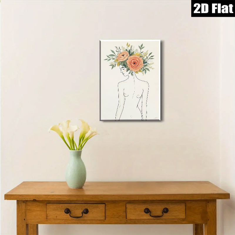 2D flat 1pc Botanical Female Portrait Wall Art Floral Headpiece Living Room Bedroom Home Decor Modern Canvas Prints Gallery Wrapped Ready to Hang