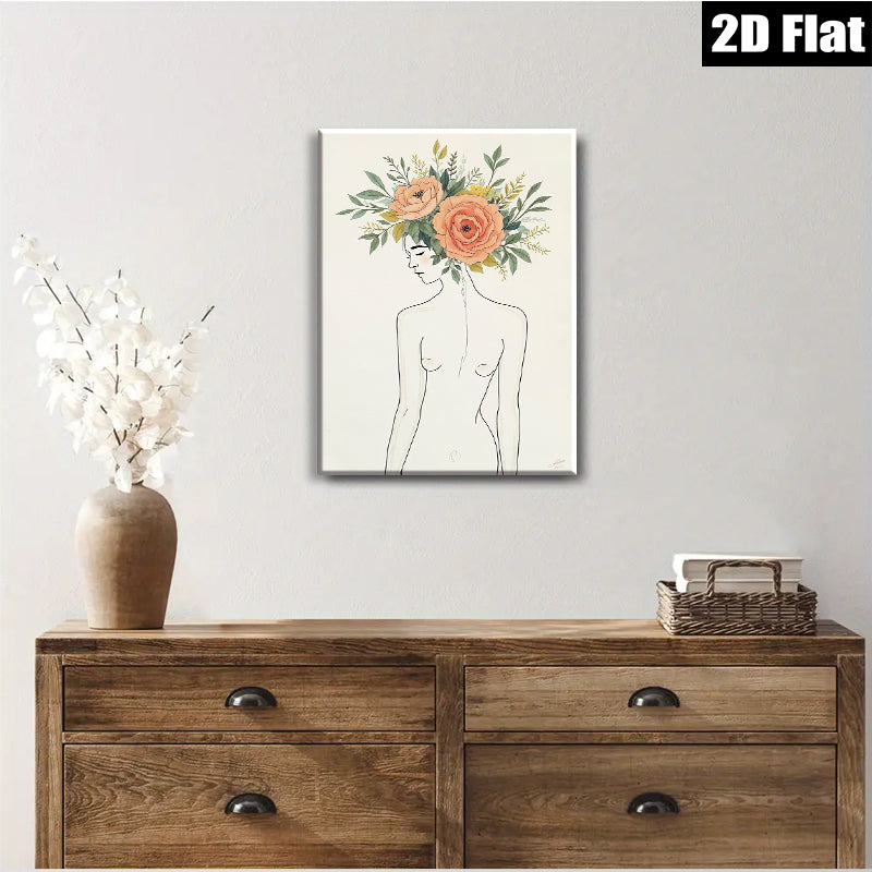 2D flat 1pc Botanical Female Portrait Wall Art Floral Headpiece Living Room Bedroom Home Decor Modern Canvas Prints Gallery Wrapped Ready to Hang