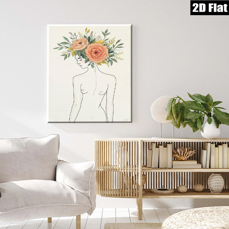 2D flat 1pc Botanical Female Portrait Wall Art Floral Headpiece Living Room Bedroom Home Decor Modern Canvas Prints Gallery Wrapped Ready to Hang