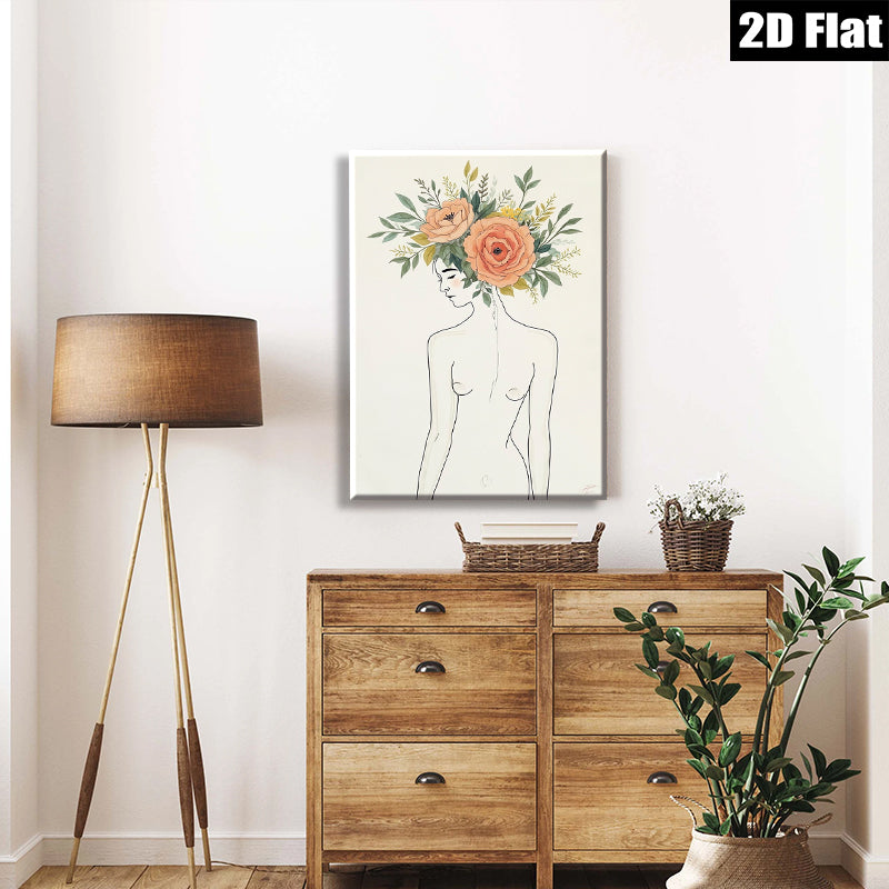 2D flat 1pc Botanical Female Portrait Wall Art Floral Headpiece Living Room Bedroom Home Decor Modern Canvas Prints Gallery Wrapped Ready to Hang