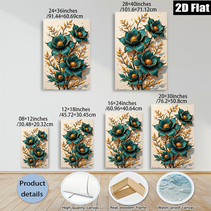 2D flat 1pc Botanical Gold Floral Wall Art Decor Modern Farmhouse Living Room Bedroom Canvas Prints Gallery Wrapped Ready to Hang