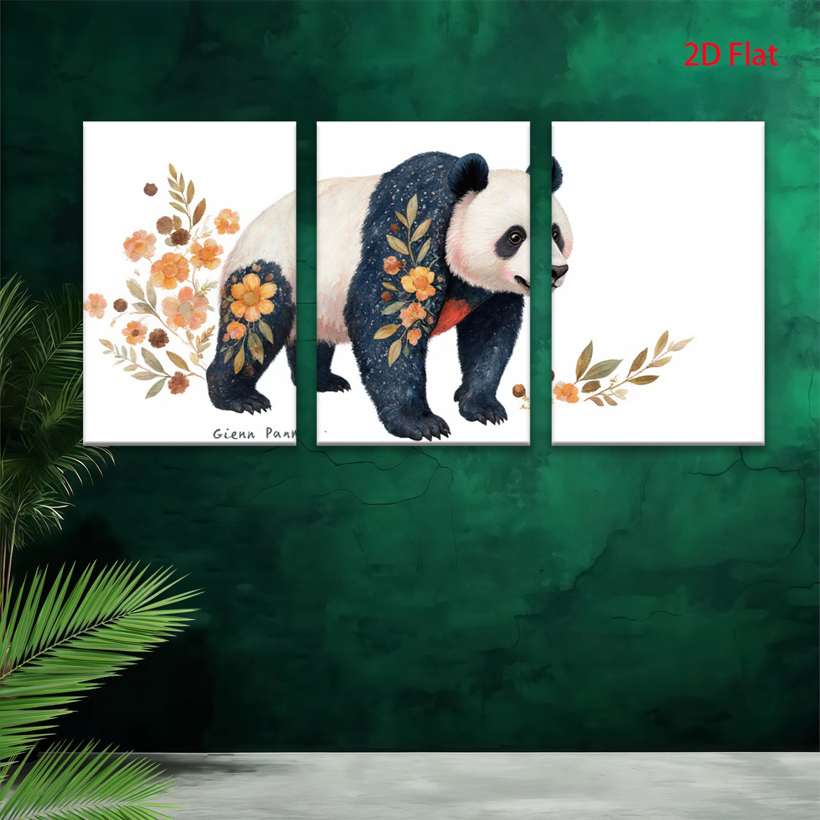 2D flat 1pc Botanical Panda Wall Art Canvas Print Modern Farmhouse Decor Living Room Bedroom Home Office Gallery Wrapped Ready to Hang