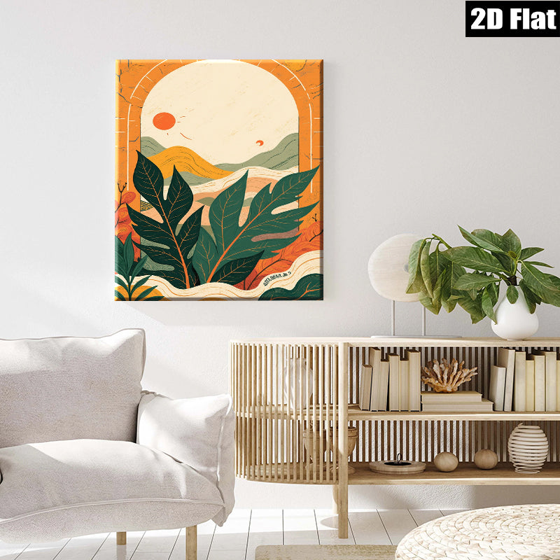 2D flat 1pc Botanical Tropical Leaves Sunburst Wall Art Living Room Bedroom Home Decor Gallery Wrapped Canvas Prints Modern Farmhouse Coastal Style
