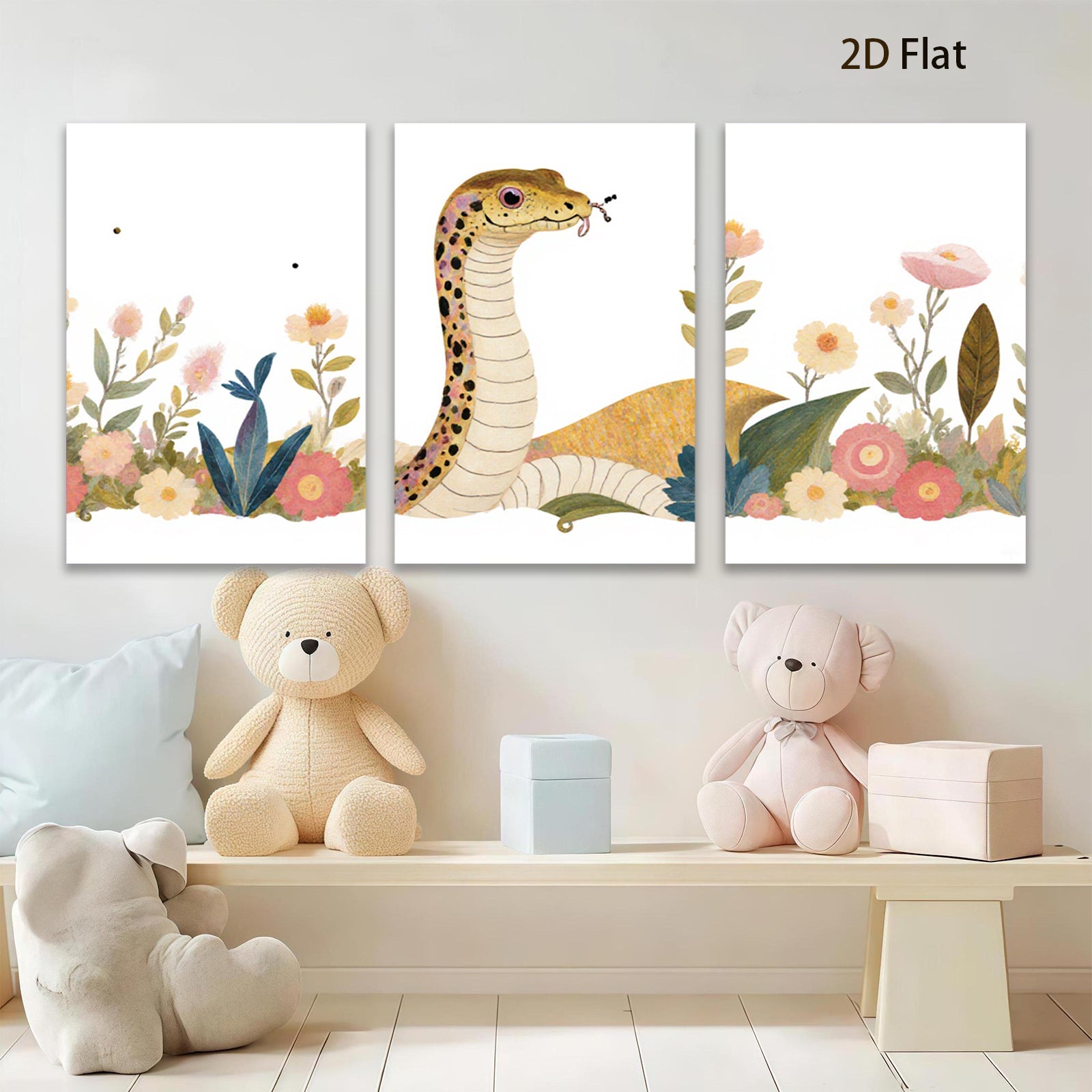 2D flat 1pc Botanical snake amidst vibrant floral bloom nursery playroom wall decor modern farmhouse aesthetic gallery wrapped canvas print