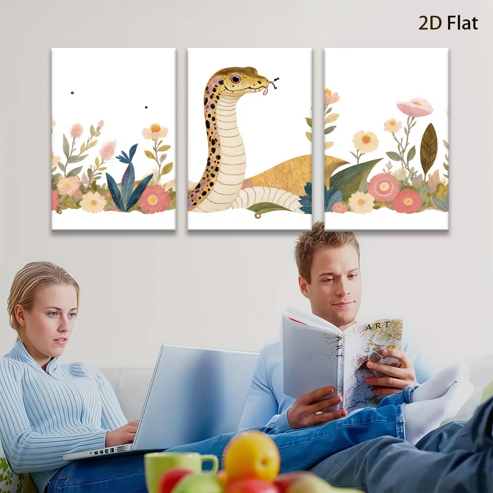 2D flat 1pc Botanical snake amidst vibrant floral bloom nursery playroom wall decor modern farmhouse aesthetic gallery wrapped canvas print