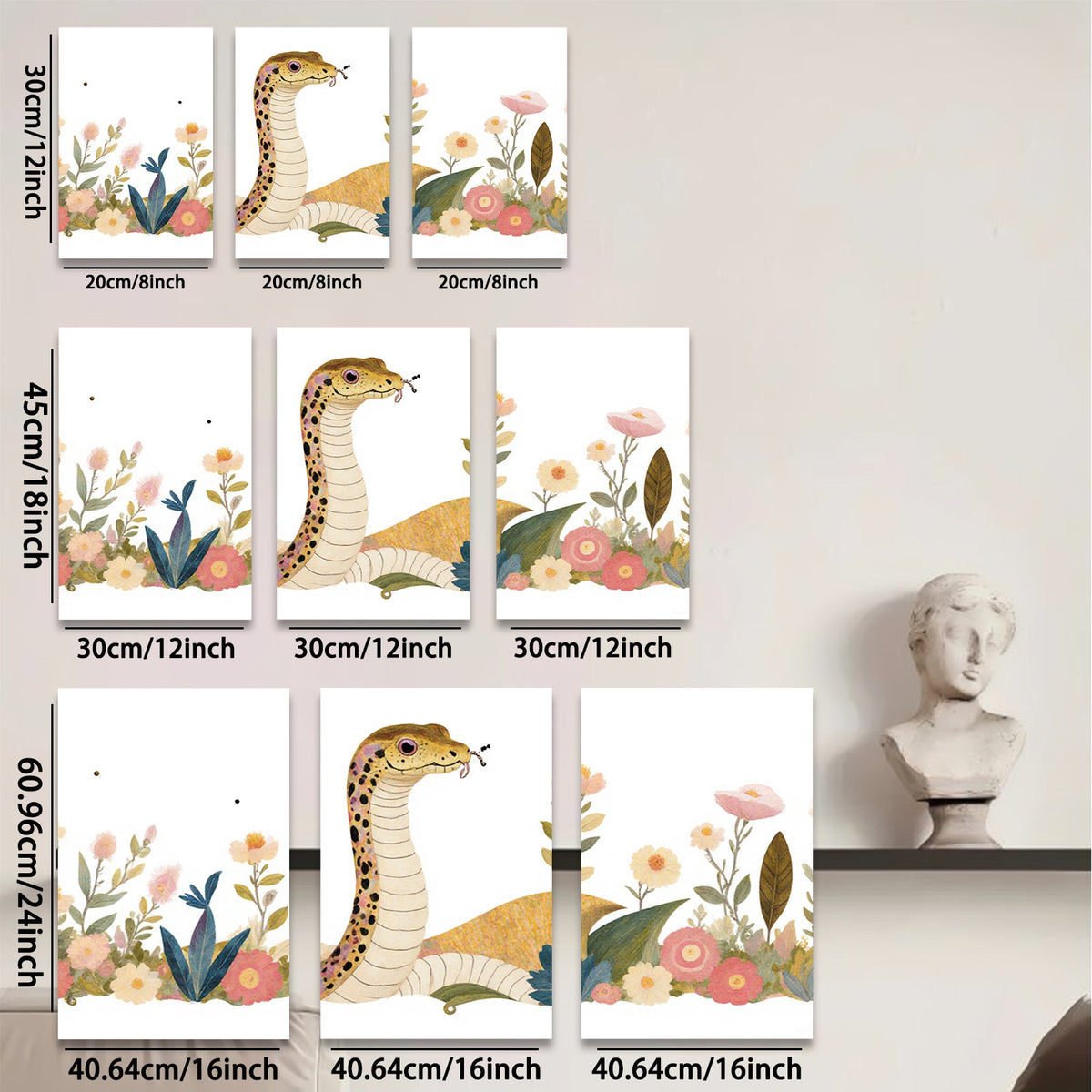 2D flat 1pc Botanical snake amidst vibrant floral bloom nursery playroom wall decor modern farmhouse aesthetic gallery wrapped canvas print
