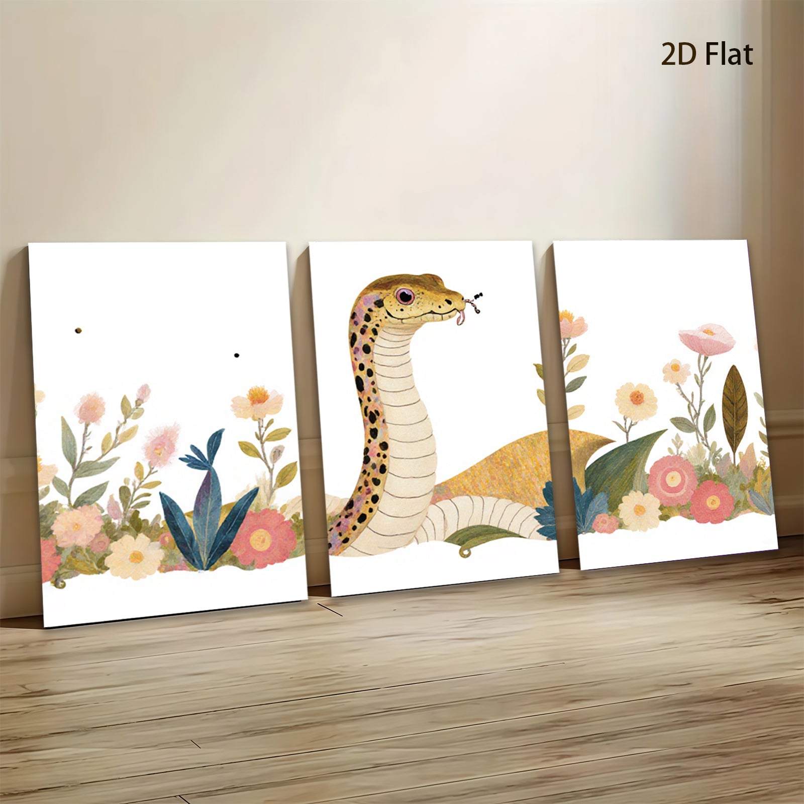 2D flat 1pc Botanical snake amidst vibrant floral bloom nursery playroom wall decor modern farmhouse aesthetic gallery wrapped canvas print
