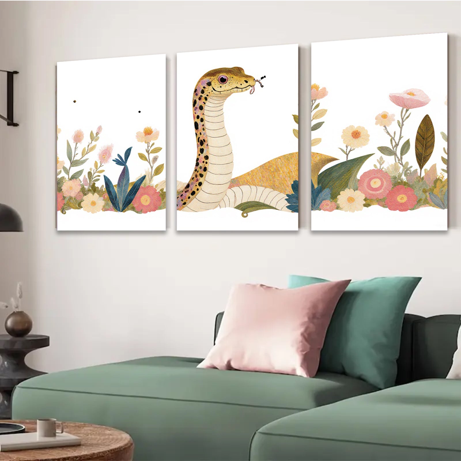 2D flat 1pc Botanical snake amidst vibrant floral bloom nursery playroom wall decor modern farmhouse aesthetic gallery wrapped canvas print