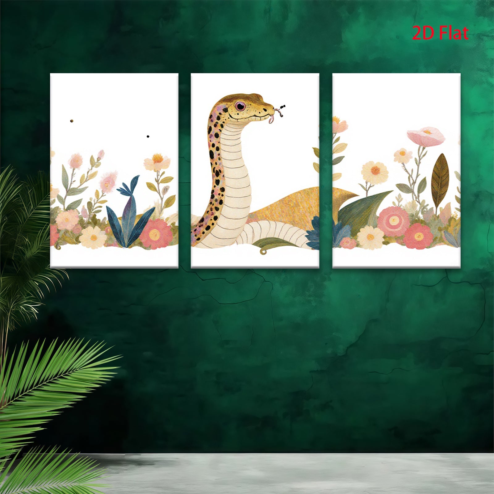 2D flat 1pc Botanical snake amidst vibrant floral bloom nursery playroom wall decor modern farmhouse aesthetic gallery wrapped canvas print