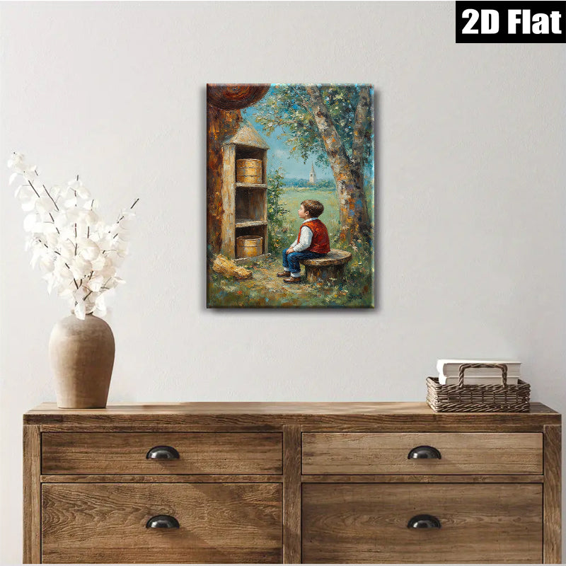 2D flat 1pc Boy Resting by Buckets Countryside View Farmhouse Wall Decor Living Room Bedroom Art Canvas Prints Rustic Home Décor Modern Gallery Wrapped