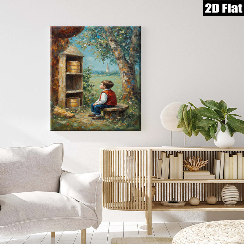 2D flat 1pc Boy Resting by Buckets Countryside View Farmhouse Wall Decor Living Room Bedroom Art Canvas Prints Rustic Home Décor Modern Gallery Wrapped