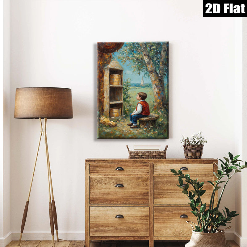 2D flat 1pc Boy Resting by Buckets Countryside View Farmhouse Wall Decor Living Room Bedroom Art Canvas Prints Rustic Home Décor Modern Gallery Wrapped