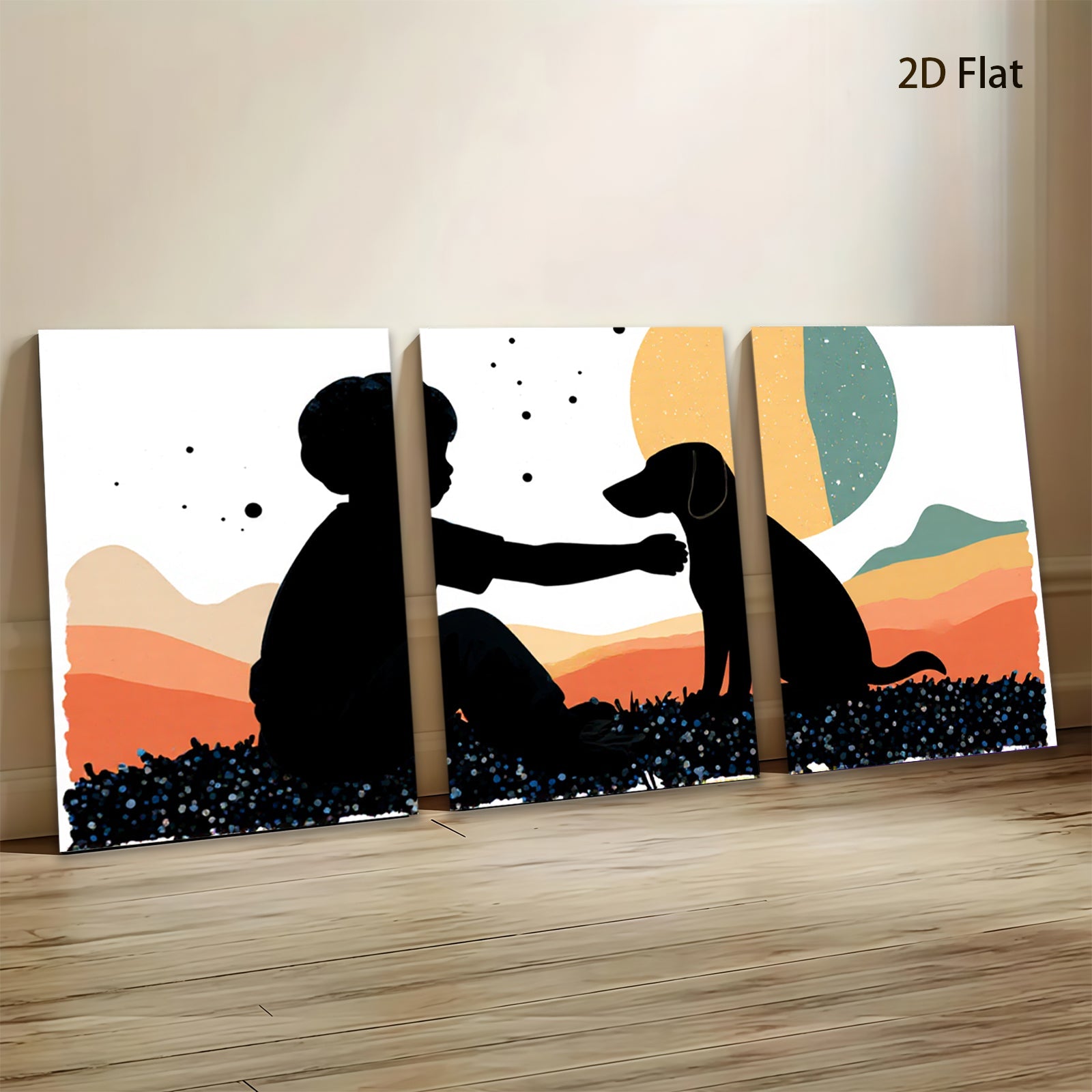 2D flat 1pc Boy with Dog Silhouette Wall Art Canvas Prints for Living Room Bedroom Home Decor Farmhouse Style Modern Minimalist Art
