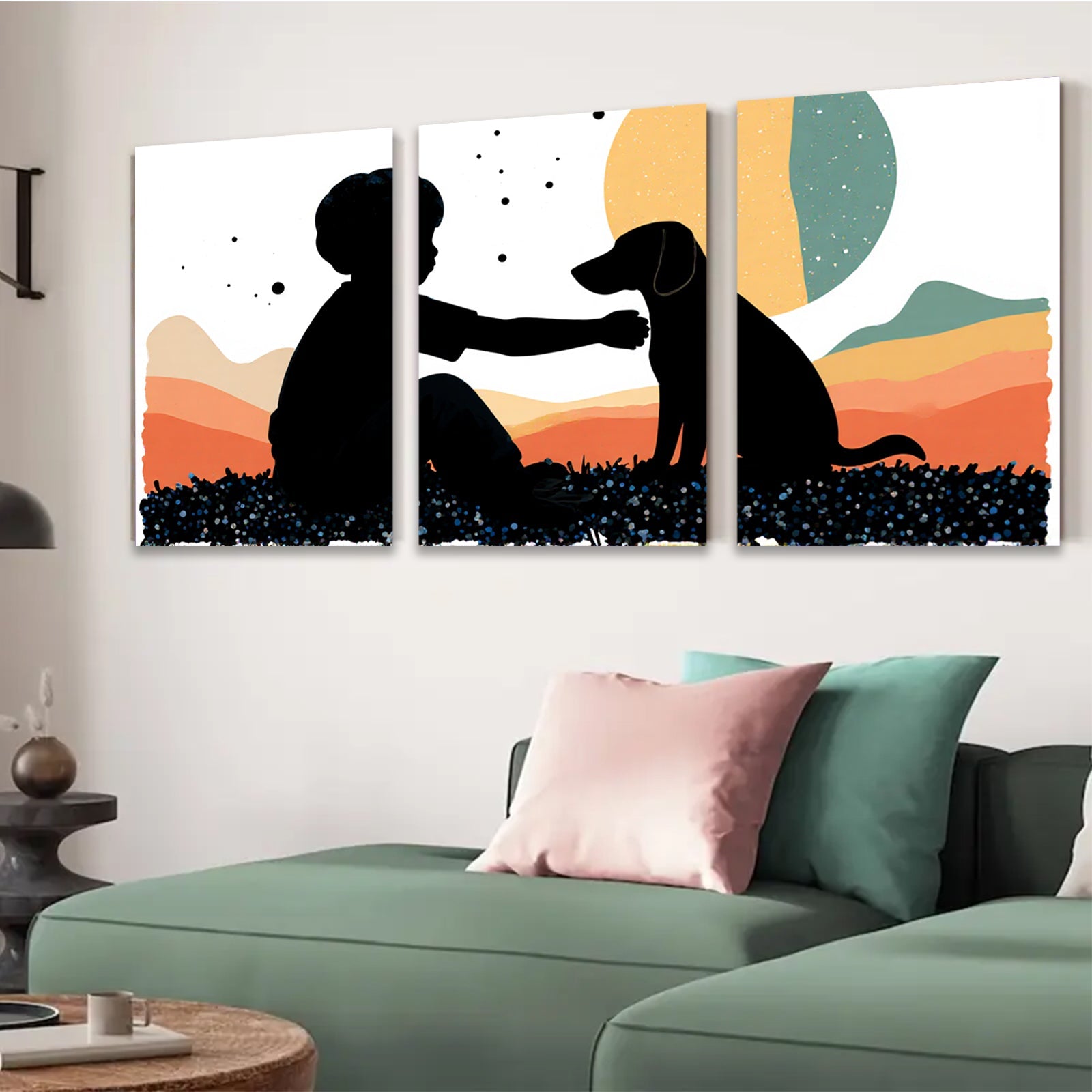2D flat 1pc Boy with Dog Silhouette Wall Art Canvas Prints for Living Room Bedroom Home Decor Farmhouse Style Modern Minimalist Art